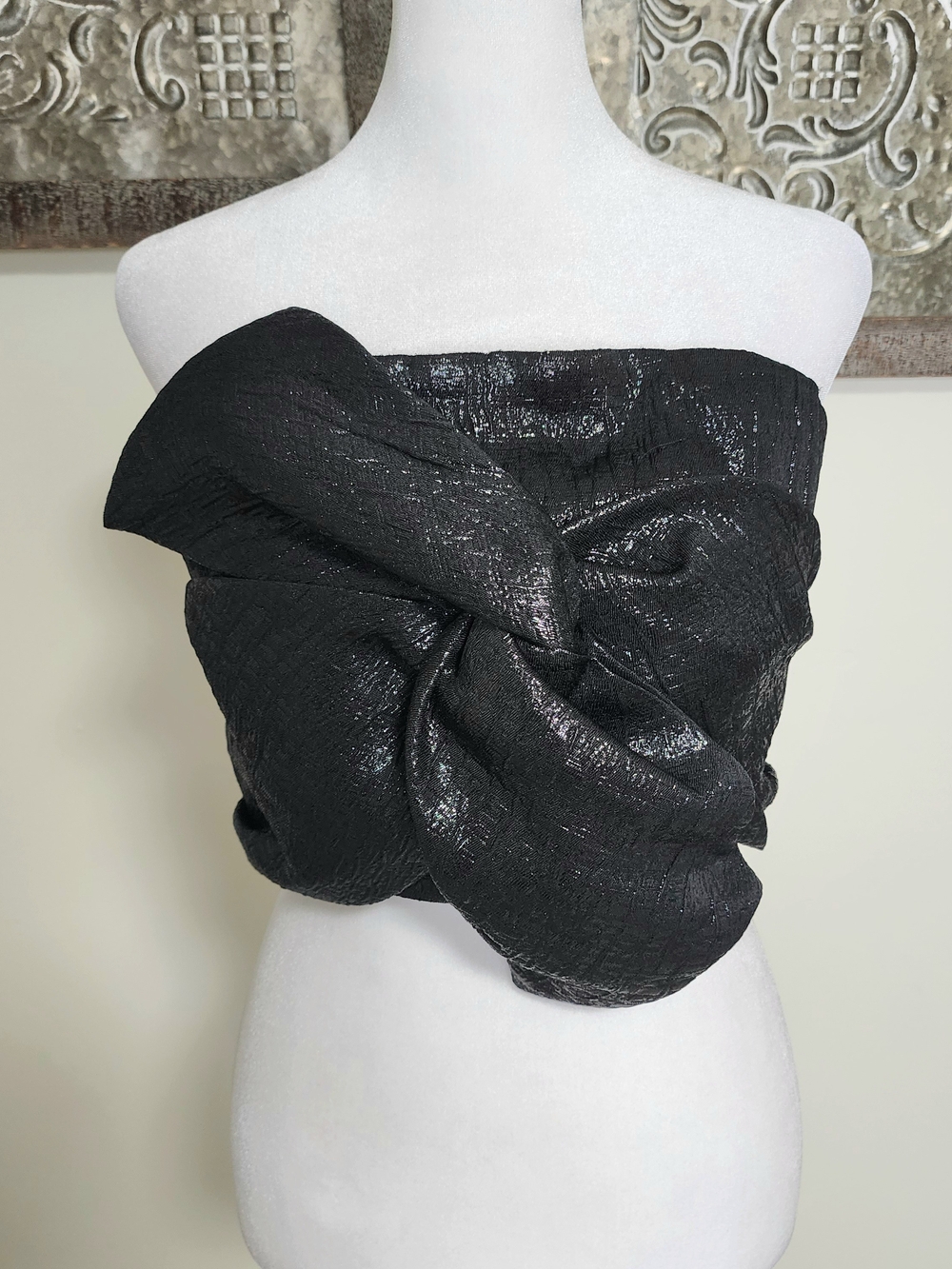 Edit By Nine Metallic Black Textured Strapless Twist Party Crop Tube Top Large